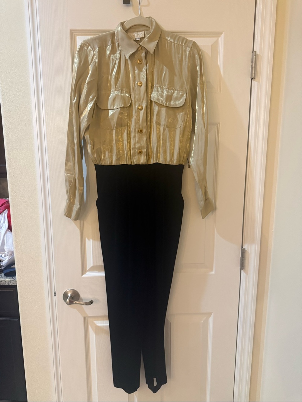 Vintage Cache Metallic Gold Blouse with Black Straight-Leg Stirrup Pantsuit